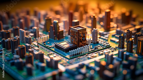 Cityscape Circuitry: A Photo of a Computer's Motherboard Resembling NYC - generative ai © Uolir