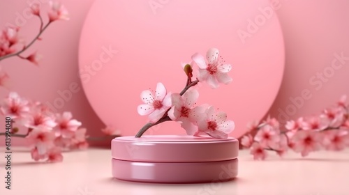 pink podium display sakura pink flower falling cosmetic Generative AI