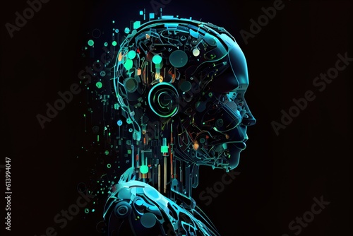 Artificial intelligence cyborg with circuit brain on black background. Generative AI © Vitor Miranda
