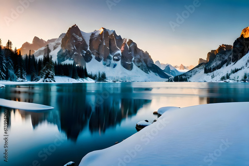 realistic snowy landscape with a frozen lake and rocky mountains in the background