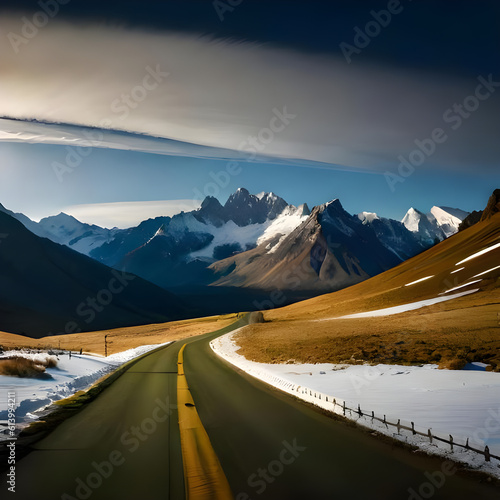 realistic landscape with a road, grass and snowy mountains in the background