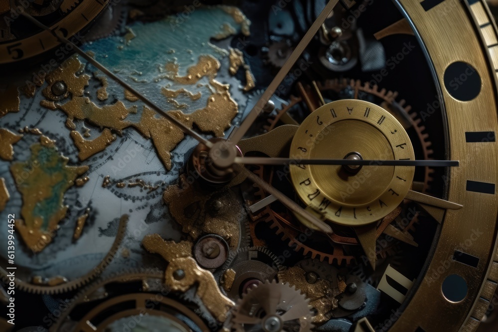 Detail of old watch mechanism with gears and world map. Time concept. Generative AI Detail of old watch mechanism with gears and world map. Time concept. Generative AI