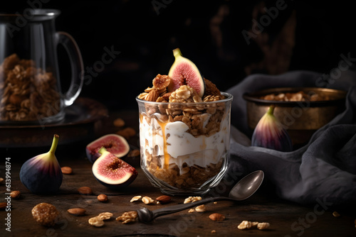 Yogurt granola parfait with sliced nuts and fresh figs fruits in a glass jar on dark background. Generative AI.