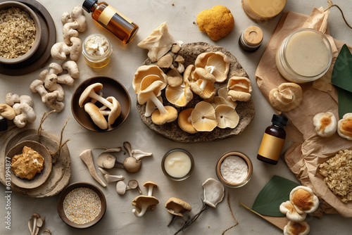 A different types of mushrooms and herbs spread on a table along with some cosmetics and oils. Generative AI