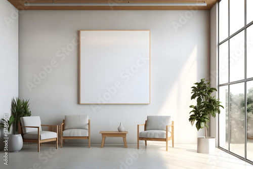 Rectangular frame poster mockup, on light concrete wall in the waiting room of the hospital with modern scandinavian style furniture and big window, loft interior decoration. Generated AI.