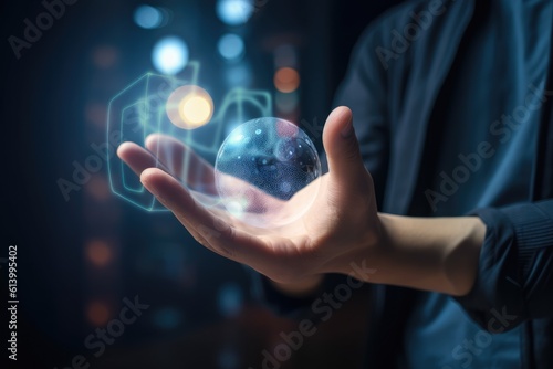 Close up of man hand holding glowing earth globe. Generative AI
