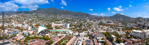 Mexico, Acapulco panoramic skyline view near Zona Dorada Hotel Zone and tourist beaches.
