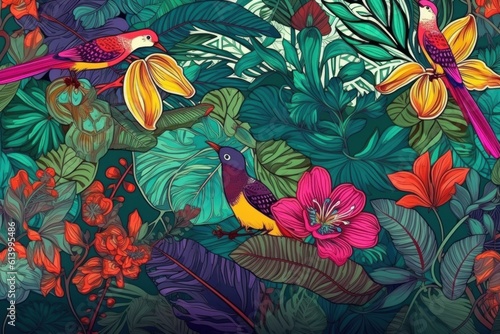 Tropical Vivid Background with Flower and Birds. Illustration AI Generative. © ArtCookStudio