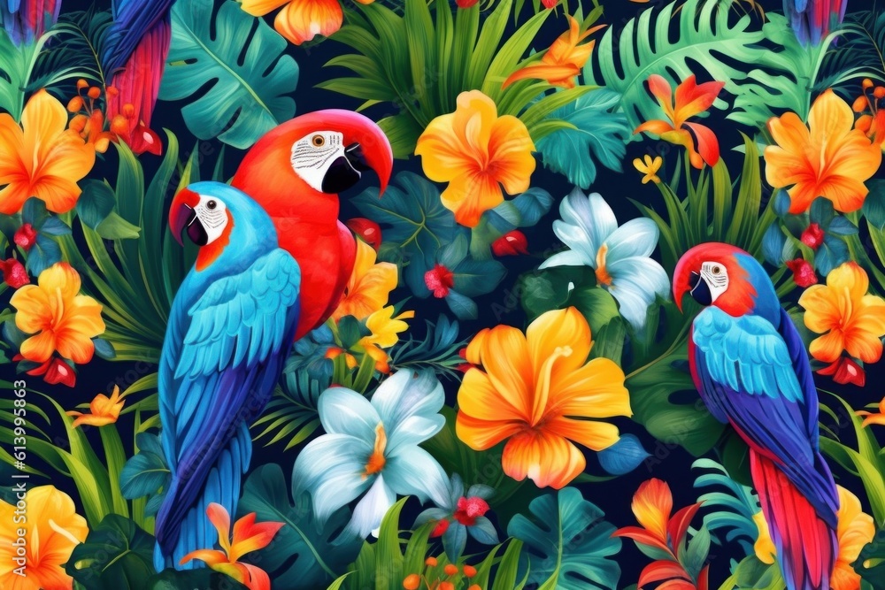 Fototapeta premium Tropical Vivid Background with Flower and Birds. Illustration AI Generative.