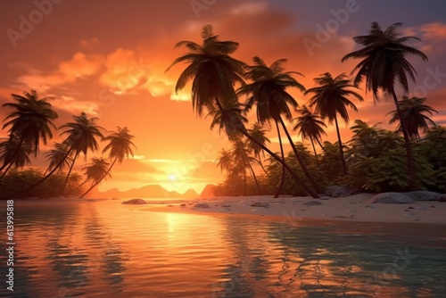 Tropical Palm Sunset Background. Illustration AI Generative. © ArtCookStudio