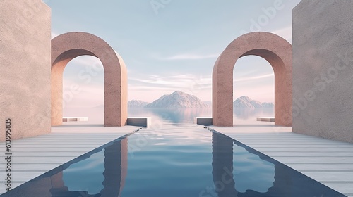 Photo abstract zen seascape background nordic surreal scenery with geometric mirror arches calm water and pastel Generative AI © pector