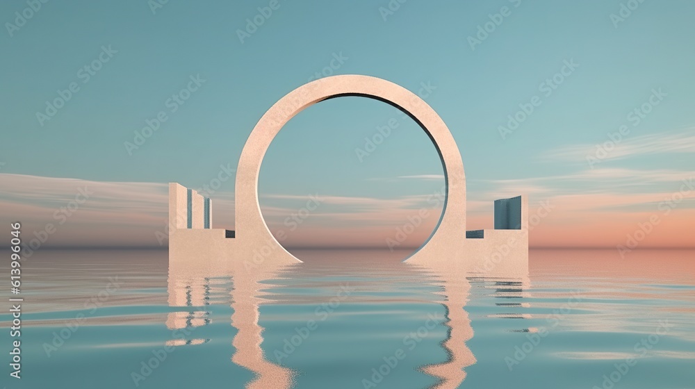 Photo abstract zen seascape background nordic surreal scenery with geometric mirror arches calm water and pastel Generative AI
