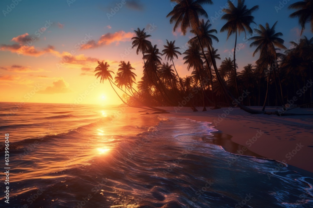 Tropical Palm Sunset Background. Illustration AI Generative.