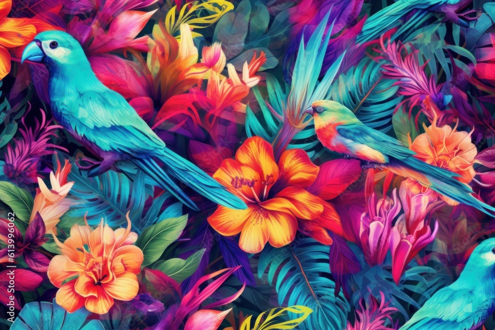 Obraz premium Tropical Vivid Background with Flower and Birds. Illustration AI Generative.