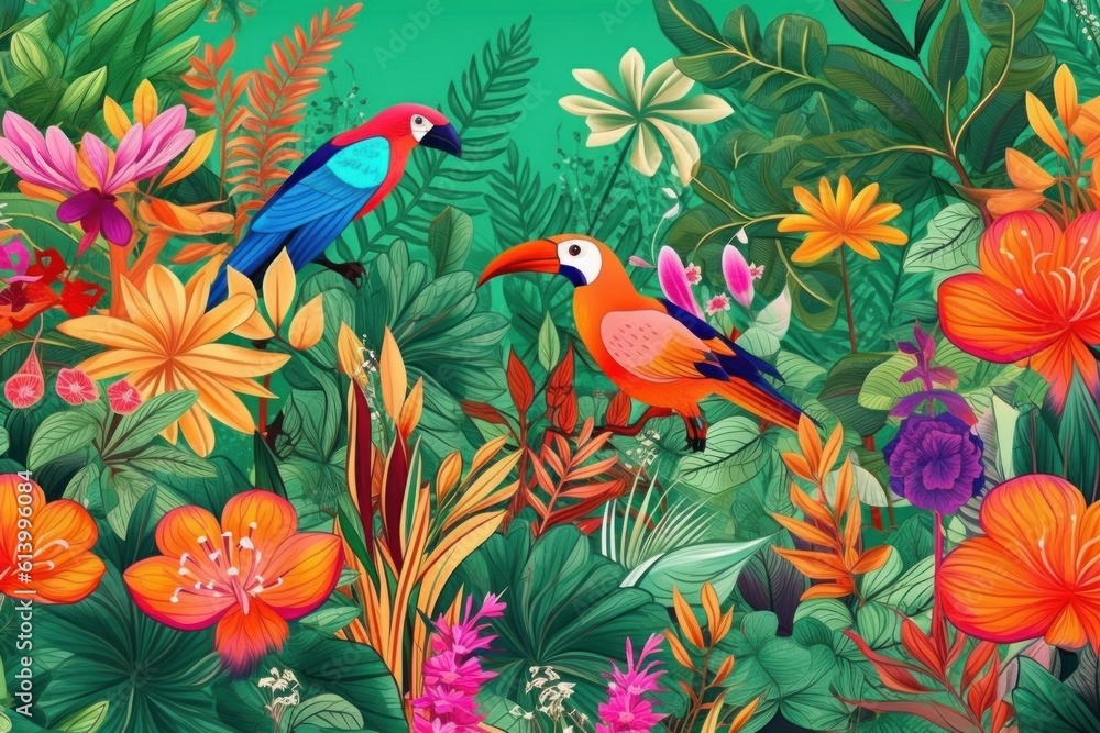 Naklejka premium Tropical Vivid Background with Flower and Birds. Illustration AI Generative.
