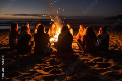 A photo that captures a group of friends gathered around a beach bonfire. Generative AI