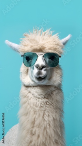Cute Funny Lama in Sunglasses. Illustration AI Generative.