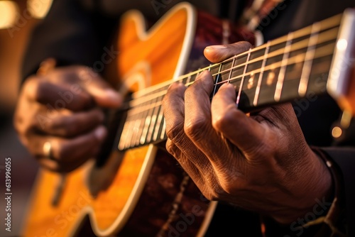 Photographie A striking close - up shot of a street musician's hands passionately playing the guitar