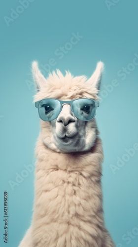 Cute Funny Lama in Sunglasses. Illustration AI Generative. © ArtCookStudio