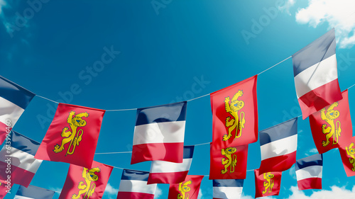 Flag of Aquitaine and France against the sky, flags hanging vertically
