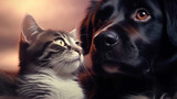 Portrait of a dog and a cat lying together, a banner for a veterinary clinic, domestic animal, postcard