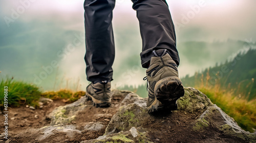 Man hiking up mountain trail close up on boots. Generative AI