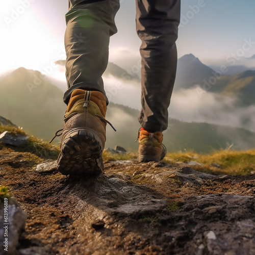 Man hiking up mountain trail close up on boots. Generative AI © Miljan Živković
