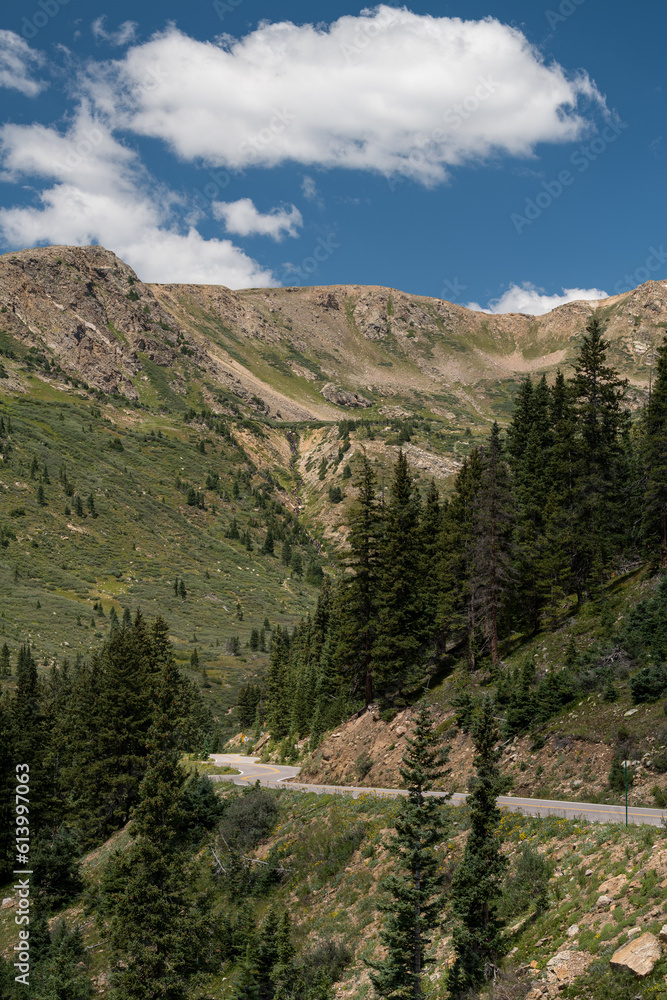 12,851 Foot Rimwrap Mountain, viewed from Independence Pass Road.  Highway 82 has views of spectacular scenery, with high mountain peaks abounding through forest service land. 