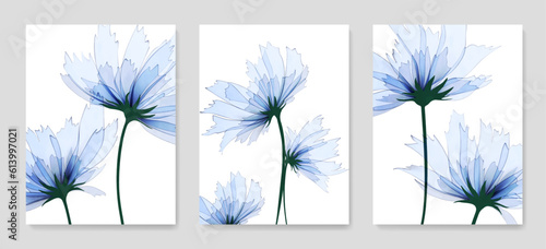 Luxury art background with blue transparent flowers in a watercolor style. Ink hand drawn botanical set for wallpaper design, print, decor, poster, interior design.