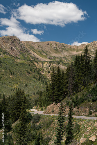 12,851 Foot Rimwrap Mountain, viewed from Independence Pass Road. Highway 82 has views of spectacular scenery, with high mountain peaks abounding through forest service land. 