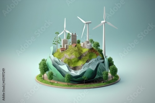 Ecology concept. Green planet with wind turbines. Generative AI