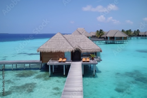 Amazing drone view of the beach and water with beautiful colors. luxury tropical resort or hotel with water villas and beautiful beach scenery. maldives  summer vacation  resort maldivian houses.