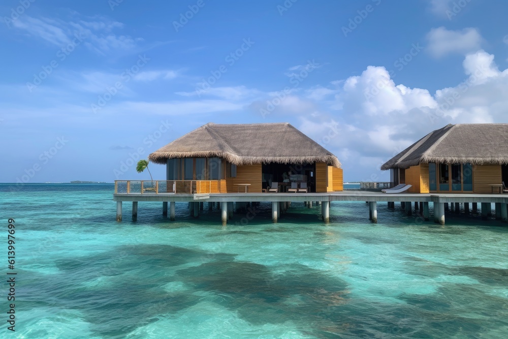 Amazing drone view of the beach and water with beautiful colors. luxury tropical resort or hotel with water villas and beautiful beach scenery. maldives, summer vacation, resort maldivian houses.