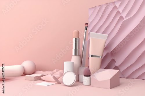 Cosmetic product display podium with pastel pink background. Generative AI
