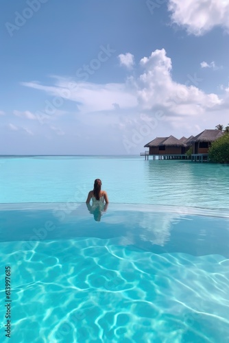 Amazing drone view of the beach and water with beautiful colors. luxury tropical resort or hotel with water villas and beautiful beach scenery. maldives, summer vacation, resort maldivian houses.