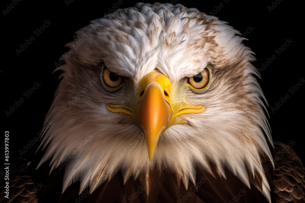 Obraz premium Portrait of a bald eagle on a dark background. Generative AI.