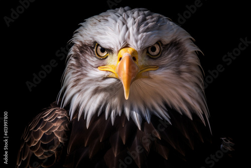 Portrait of a bald eagle on a dark background. Generative AI.