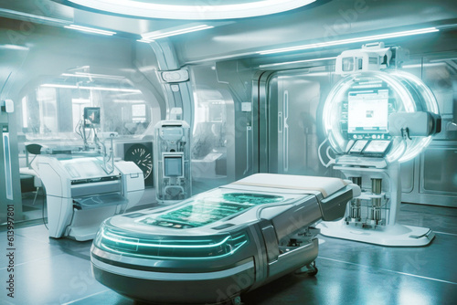 Futuristic hospital room with high tech AI technology equipment. Generative AI.