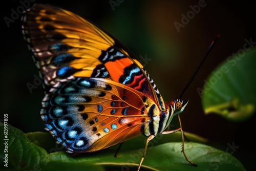 Butterfly on a leaf in the rainforest, close up. Side view. Generative AI © Vitor Miranda