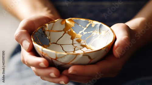 White porcelain bowl with kintsugi method in Female hands. Antique pottery restored with gold cracks. Traditional Japanese gold fixing method. Wabi sabi concept. Sunlights. Generative AI photo