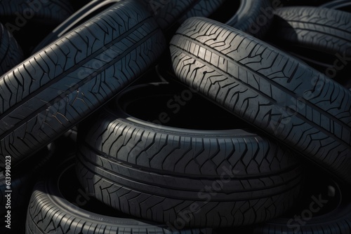 Pile of used car tires, close up view. Tires background. Generative AI