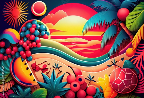 Abstract summer background with palm trees, sea, sun and berries. Generative AI