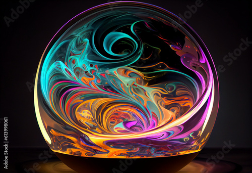 A mesmerizing Swoosh of colors. Liquid colors swoosh in a transparent orb. spinning like a tsunami wave, Generated wit AI