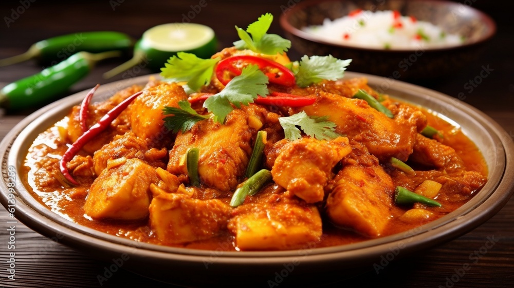 Tasty chicken curry in a bowl on wooden background, Chicken curry side view, asian chicken curry side view Tasty chicken curry in a bowl on wooden background, Chicken curry side view, asian chicken curry side view