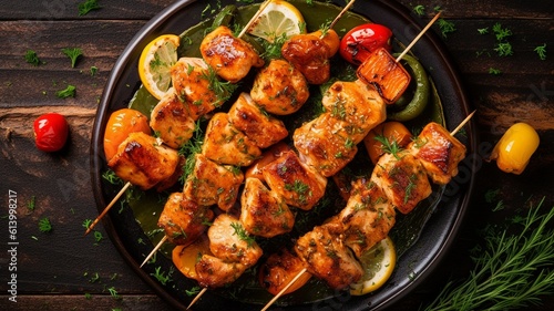 Grilled skewers of vegetables and meat on the grill, Kebabs - grilled meat skewers, shish kebab with vegetables on black wooden background