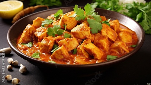 Tasty chicken curry in a bowl on wooden background, Chicken curry side view, asian chicken curry side view 