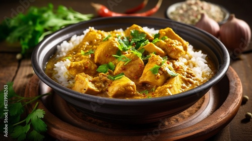 Tasty chicken curry in a bowl on wooden background, Chicken curry side view, asian chicken curry side view 