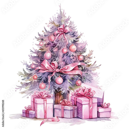 Watercolor Christmas Tree with Gifts. Illustration AI Generative.