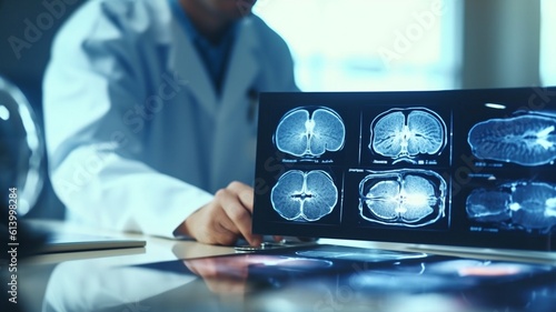 The doctor checks up x-ray film of the brain by ct scan brain at the patient's room hospital. Doctor radiologists looking at x-ray images
