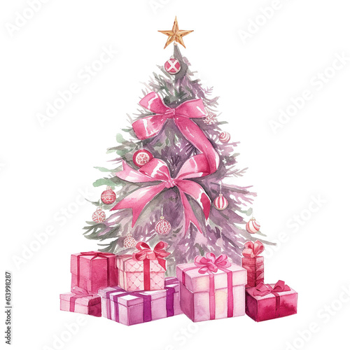 Watercolor Christmas Tree with Gifts. Illustration AI Generative.
